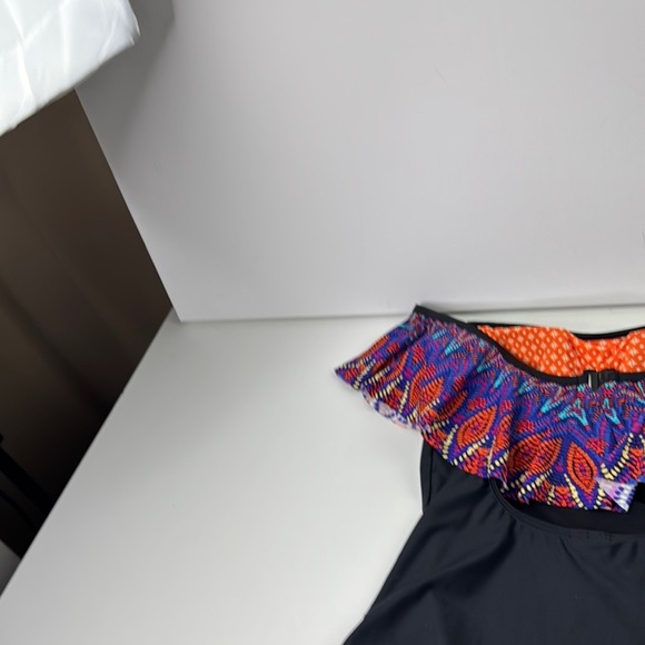 MoonTide Black and Purple One Piece Swimsuit with Ruffled Collar - Picture 4 of 10